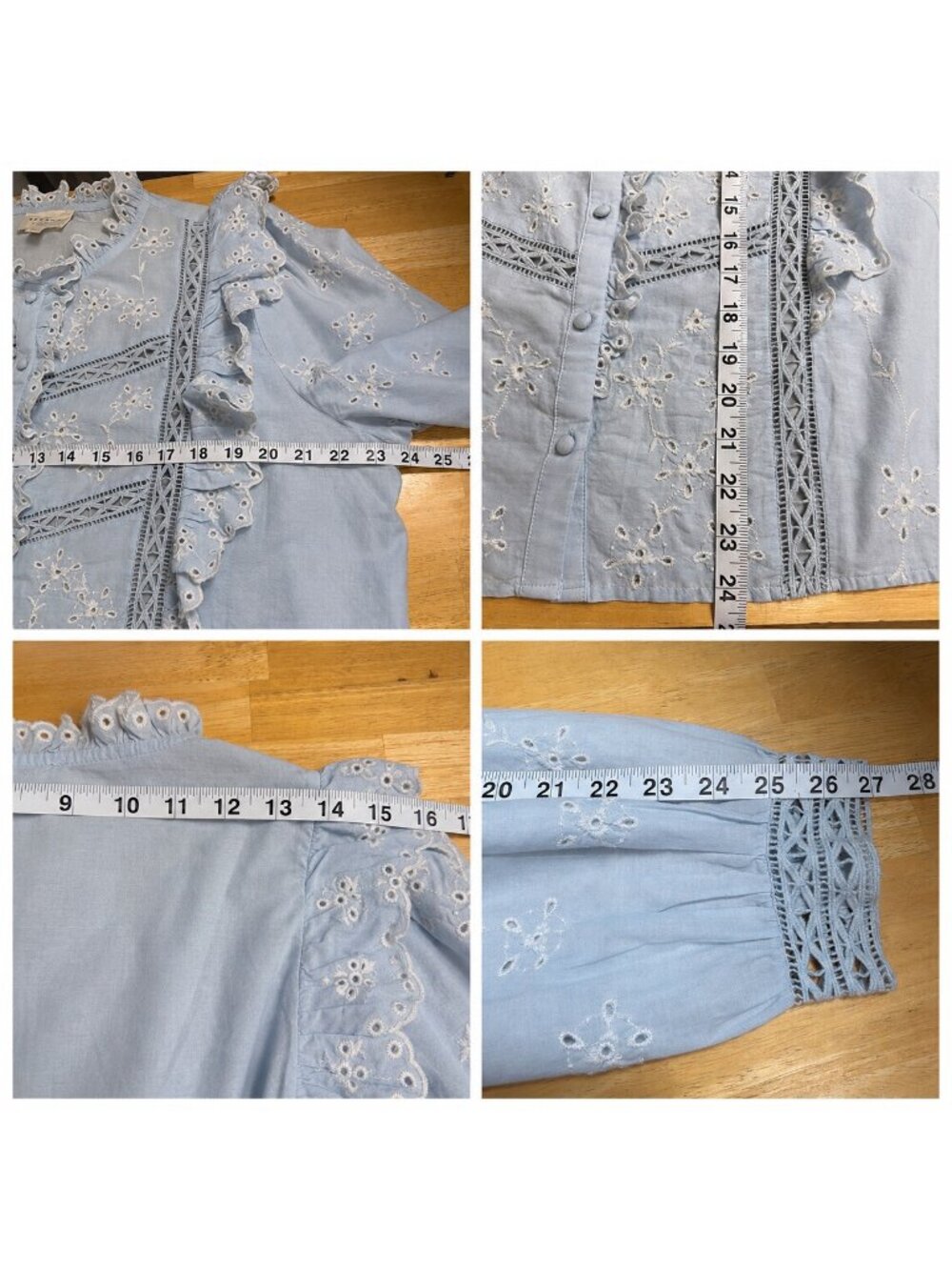 Sézane Irma Shirt Light Blue Ecru Embroidered Ruffle Blouse Size FR 46/ US 14 - Picture 13 of 16